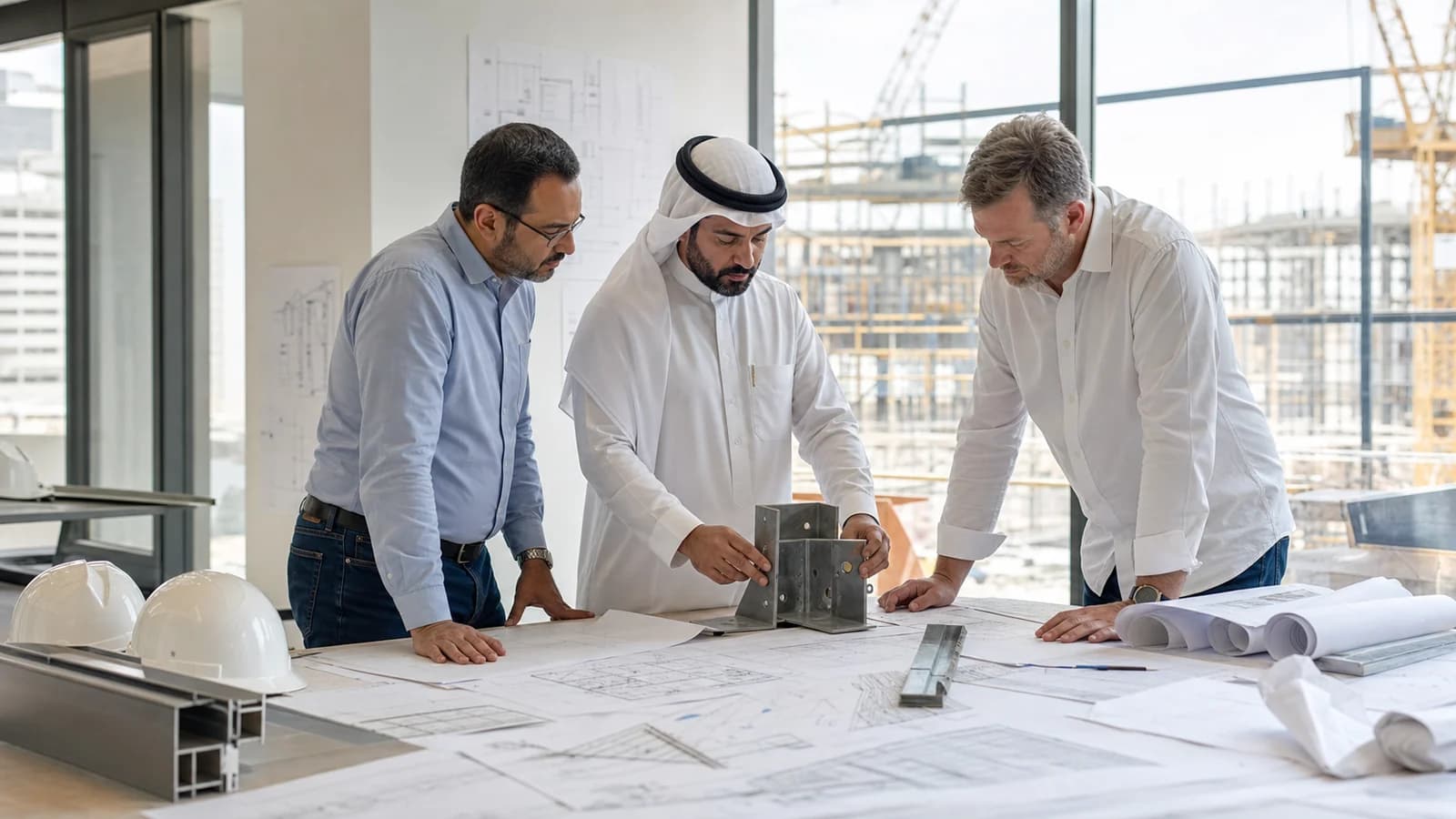 Engineering leaders reviewing drawings and a structural connection in a project studio