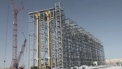 Crane lifting a steel frame at the Dubai dry docks