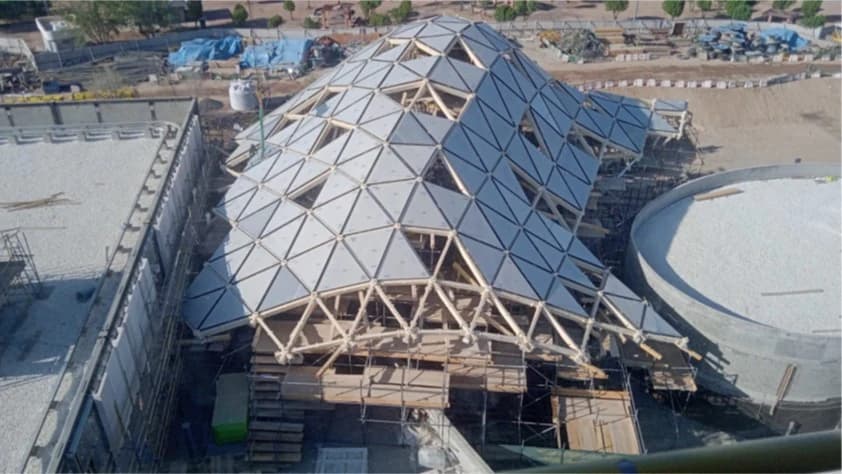 Geometric roof structure under construction at SEVEN Al-Madinah